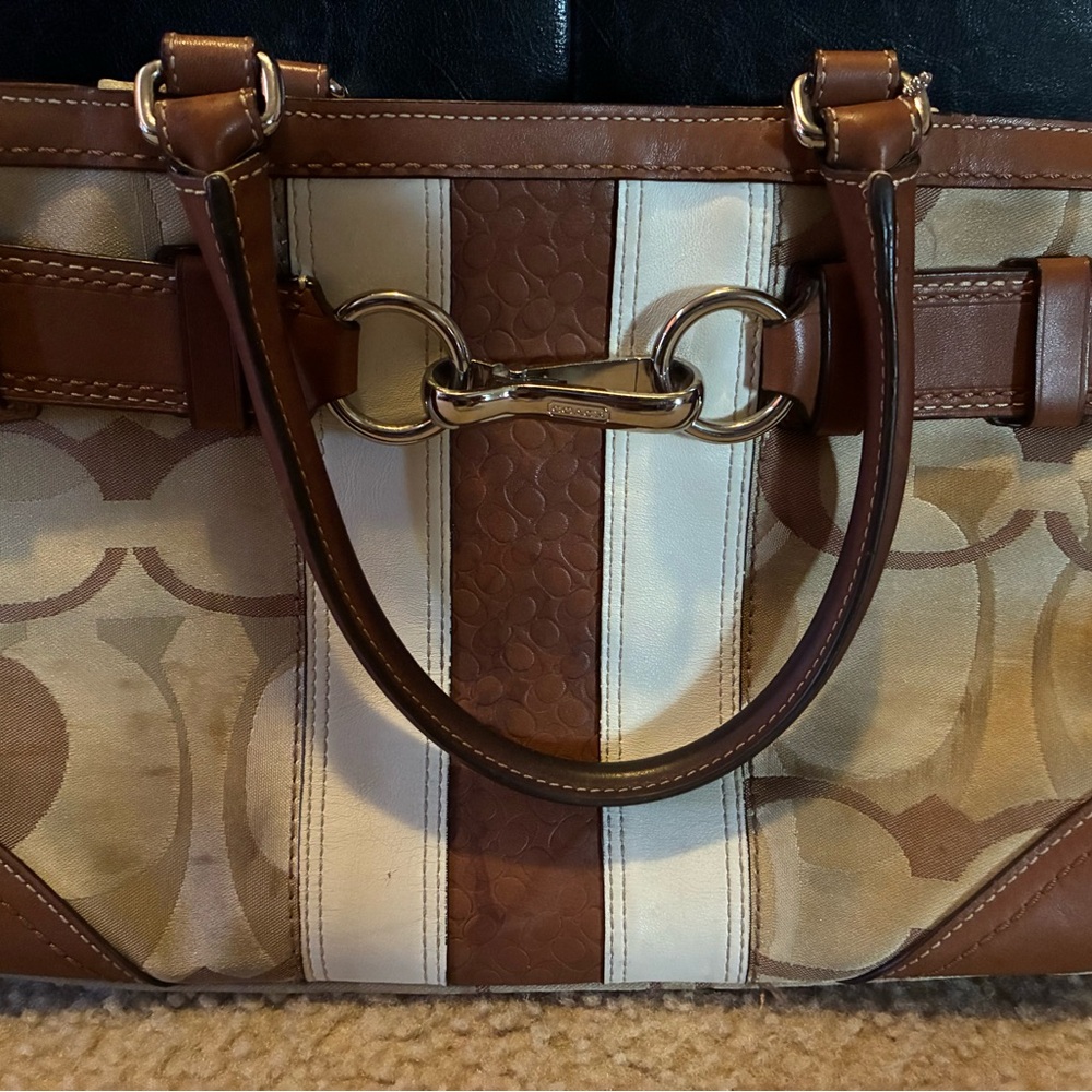Coach Tan and Brown Shoulder Bag with Gold Accents